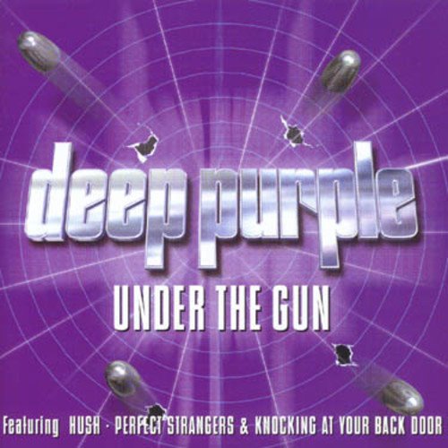 "CD cover with 'deep purple' in silver, 'under the gun' in white on purple background."