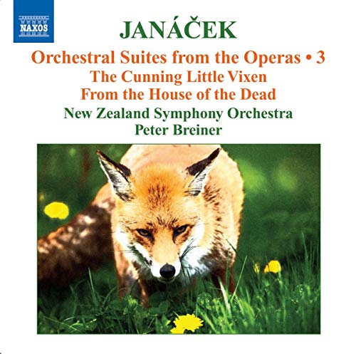 CD cover featuring a fox in green grass, text reads "Janáček" and orchestra details.