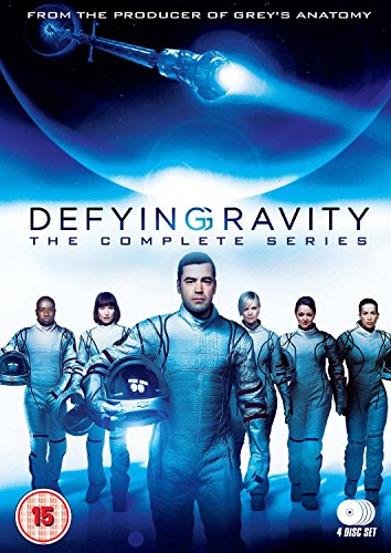 DVD cover for “Defying Gravity” featuring astronauts in blue suits.