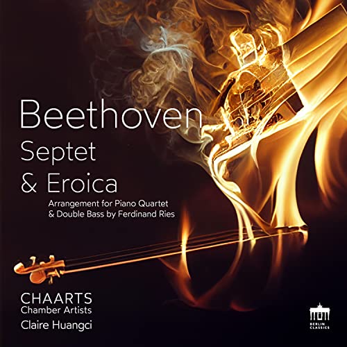 CD cover for Claire Huangci’s Beethoven Septet & Eroica, fiery violin image.
