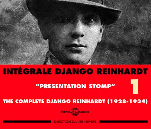 Black and white portrait of Django Reinhardt with red text: "Presentation Stomp.