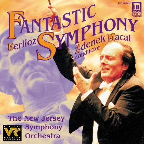 CD cover featuring a conductor in a tuxedo, holding a baton, with vibrant purple and orange hues.