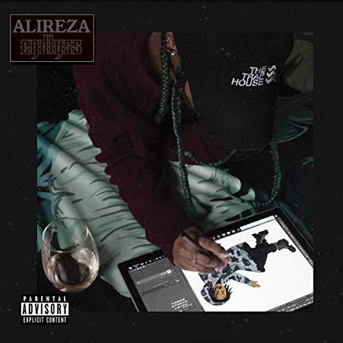 CD cover: artist drawing on a tablet, legs visible, dark background.