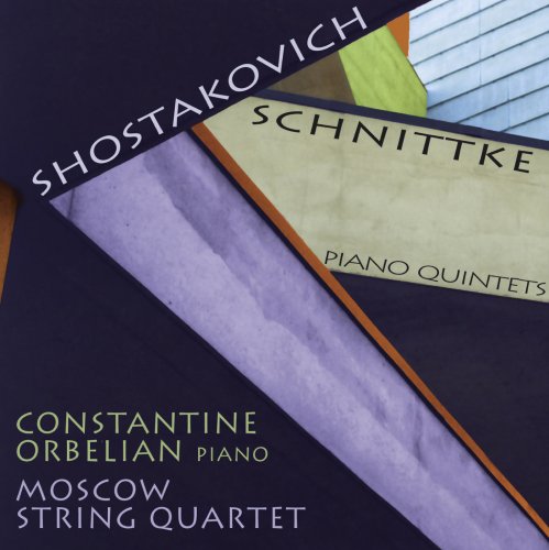 CD cover featuring overlapping abstract designs and text about piano quintets music.