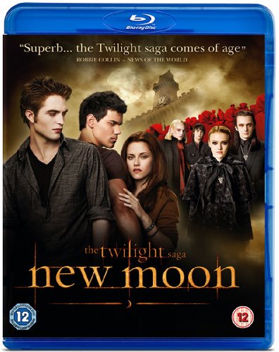"Blue Blu-ray case with Twilight Saga: New Moon cover art featuring main characters."