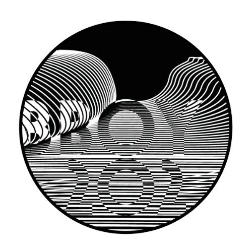 Black and white circular illustration with repeating lines and abstract shapes.