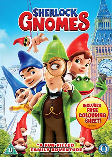 "Sherlock Gnomes DVD cover featuring cartoon characters and London landmarks."
