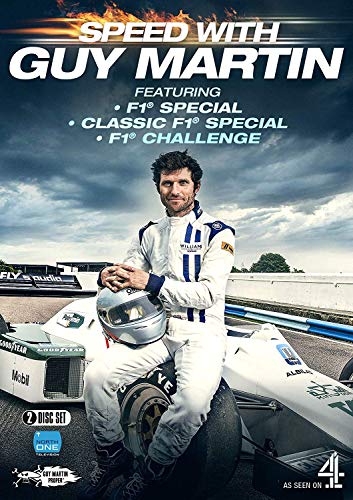 DVD cover featuring Guy Martin in a white F1 racing suit beside a car.