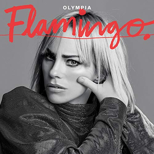 A black and white portrait of a young woman titled "Flamingo" by Olympia.