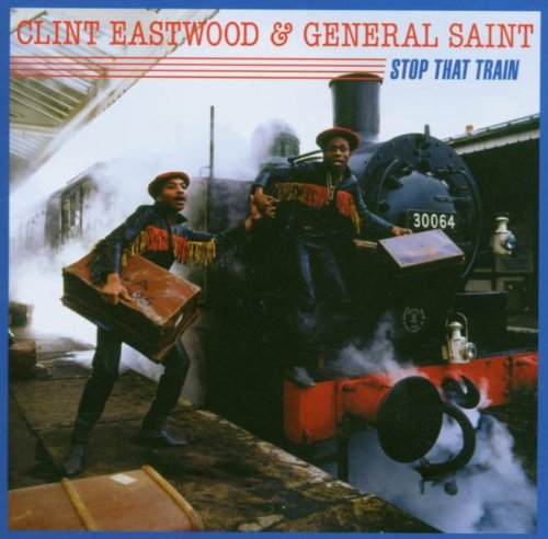 "CD cover art featuring two men holding luggage, standing beside a steam train."