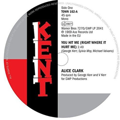 Alice Clark vinyl record label, red and grey with large white text.