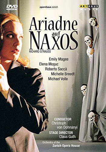 DVD cover for "Ariadne auf Naxos" featuring a woman and masked figures behind a curtain.