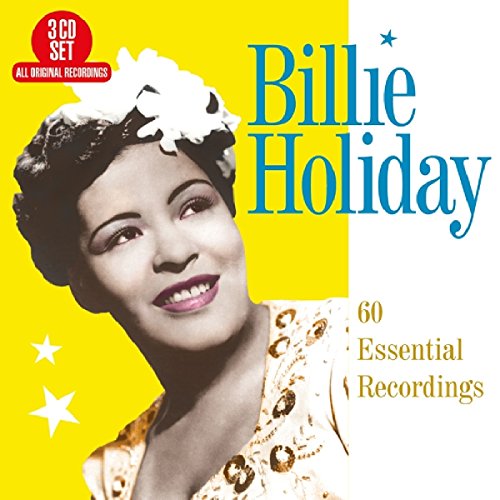 "CD cover with black and white photo of Billie Holiday on yellow background."