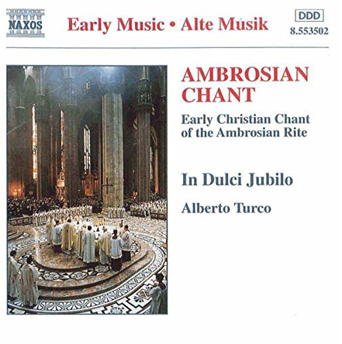 CD cover featuring a church interior with clergy and text Ambrosian Chant In Dulci Jubilo.