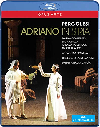 Blu-ray cover for Pergolesi’s “Adriano in Siria” opera with stage image.