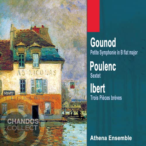 CD cover featuring a building by water, text listing composers Gounod, Poulenc, Ibert.