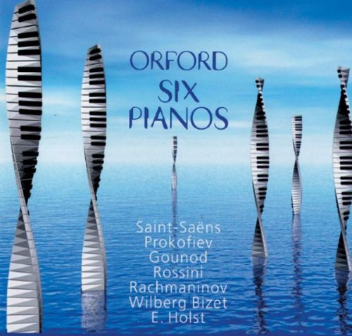 "CD cover featuring six piano keyboards standing in water, with blue sky background."
