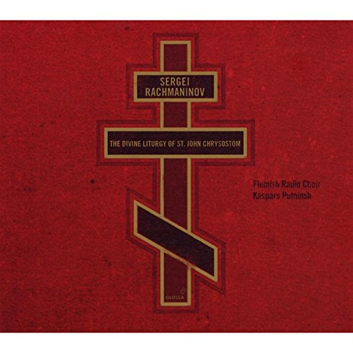 Red CD cover with gold cross and text, featuring "Sergei Rachmaninov" and "The Divine Liturgy".
