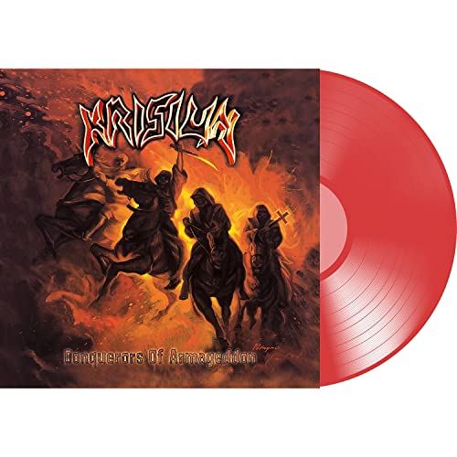Red vinyl record with cover art depicting armored figures in battle.