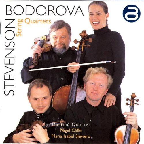 Martinu Quartet portrait with violinists, cellist, and composer portrait.