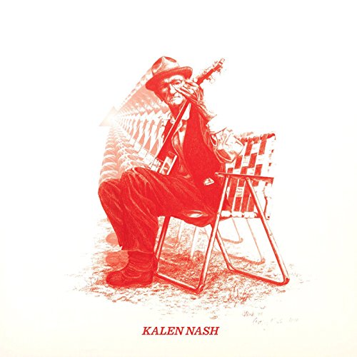 Red illustration of a man sitting on a stool, playing guitar, with artist's name below.