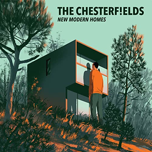 Album cover: Modern house in trees, person looking out window.