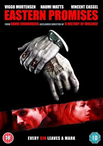 DVD cover for "Eastern Promises" with a tattooed hand holding a knife and three faces.