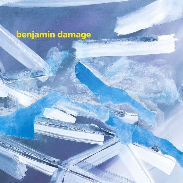 Album cover for Benjamin Damage's "Algorithm" with abstract blue and white paint strokes.