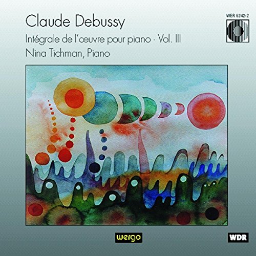 "CD cover with abstract watercolor art and text, featuring Claude Debussy's piano music."