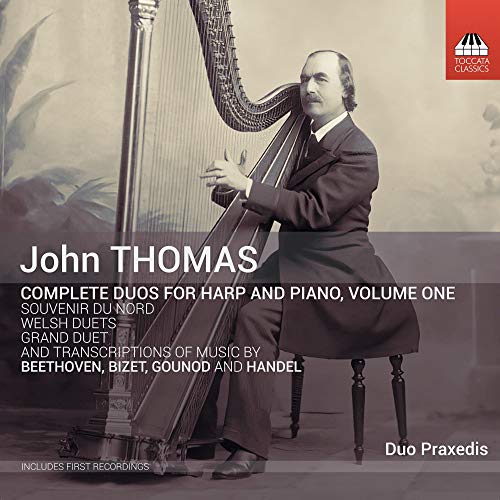 CD cover featuring John Thomas seated with a harp and piano.