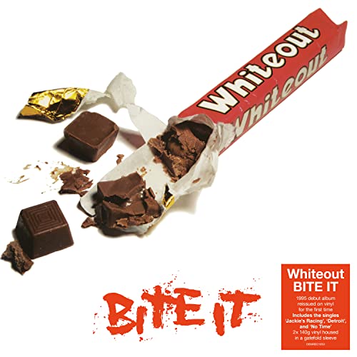 Album cover for Whiteout's "Bite It" featuring broken chocolate and packaging.