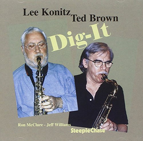 "CD cover featuring two older men playing saxophones, with text overlay."