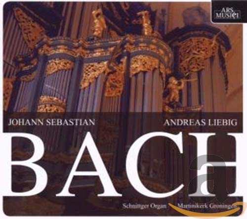 CD cover for Bach's organ works featuring a gilded organ pipe interior.