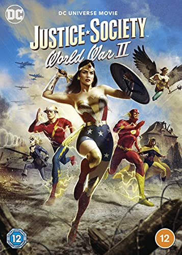 DVD cover for “Justice Society: WWII” featuring superhero characters in action.
