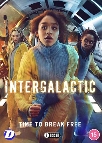 Three women in yellow and blue jumpsuits running through a spaceship corridor.