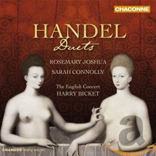 "CD cover with two classical women and gold title 'Handel Duets' on red background."