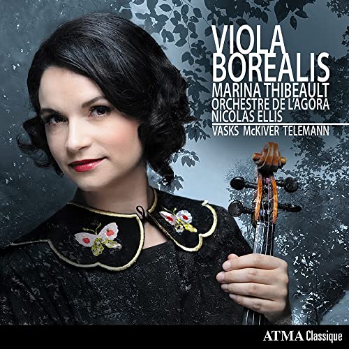 Viola player Marina Thibeault holds her instrument, album cover art.