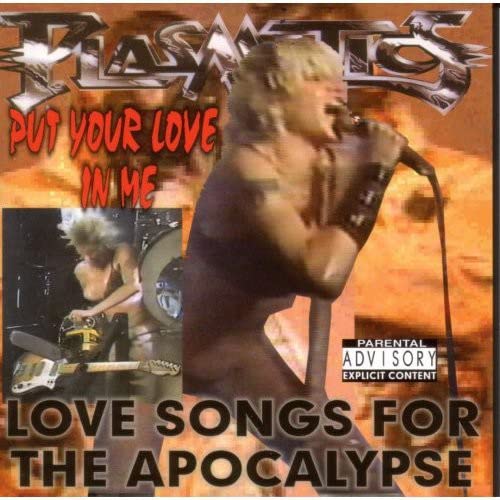 Plasmatics CD cover: singer with microphone, guitarist, and fiery background.