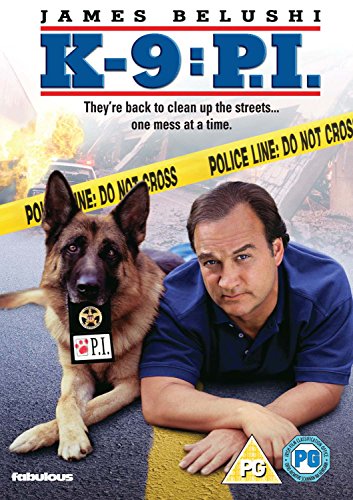 "K-9 P.I. DVD cover featuring James Belushi and a dog on a crime scene." is not needed, a more suitable alt text would be "Man and dog lying on a crime scene tape."
