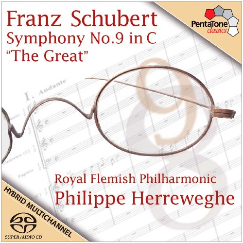 A CD cover featuring glasses and sheet music with red text and a beige border.