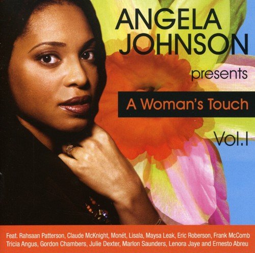Angela Johnson's album cover featuring her portrait and colorful floral background.