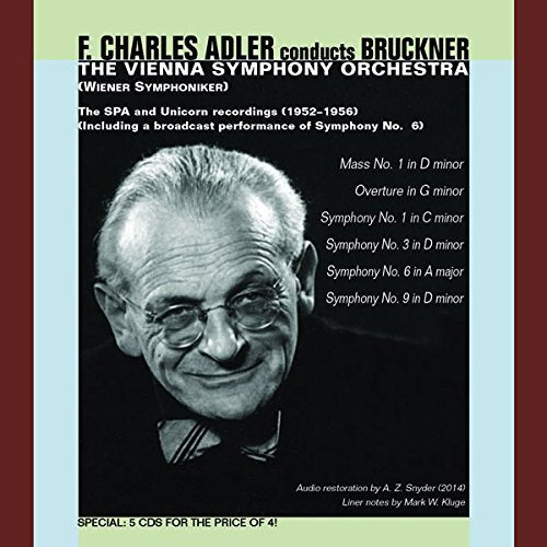 Black and white portrait of Anton Bruckner with text about a 5CD set.