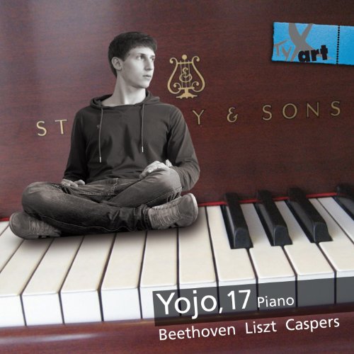 CD cover featuring a young man sitting on a piano keyboard.