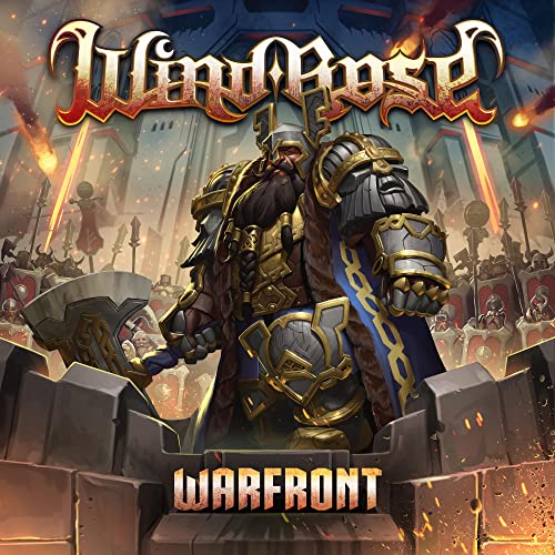 Album cover for Wind Rose - Warfront, featuring a warrior in armor.