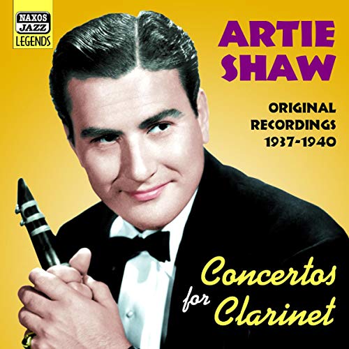 Artie Shaw portrait with clarinet, album cover for concertos recordings.
