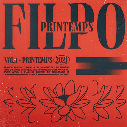 Red vinyl record cover with bold black text and floral illustration.