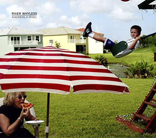"Album cover art: boy on swing, woman eating pizza under red and white striped umbrella."