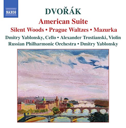 CD cover with painting of a cityscape and river, featuring text about Dvorak's music.