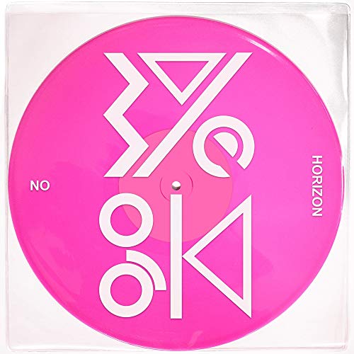 Pink vinyl record with white abstract geometric design and text.