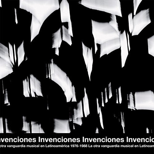 Black and white abstract image with text "Invenciones" and description of a music CD.